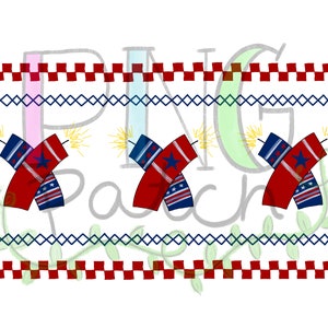 May include: Three red, white and blue fireworks with yellow sparks. The fireworks are crossed over each other. The background is white with red and blue checkered borders.