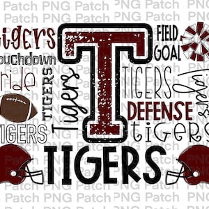 Op de afbeelding: Een roodbruin en zwart grafisch ontwerp met de letter T in het midden. De grafiek bevat de woorden "Tigers", "Touchdown", "Pride", "Field Goal", "Defense" en "Tigers", die meerdere keren worden herhaald. Er zijn ook afbeeldingen van een voetbal, een cheerleaderpompon en twee voetbalhelmen.