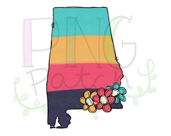 Könnte beinhalten: Eine farbige Umrandung des Bundesstaates Alabama mit einem Regenbogen-Farbverlauf. Die Umrandung ist mit einem Cluster aus bunten Blumen verziert.