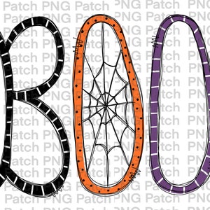 May include: Black, orange, and purple outlined letters spelling "BOO" with a spiderweb design in the "O".