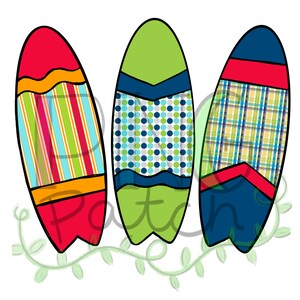 May include: Three decorative surfboards in vibrant colours. One is red with orange and yellow accents and vertical stripes. Another is green with blue and white polka dots. The third is blue, red, and yellow plaid.