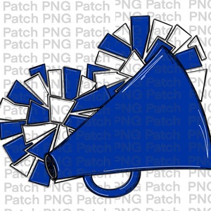 Puede incluir: Un megáfono azul con un pompón blanco y azul. El megáfono apunta hacia la derecha y el pompón está detrás.