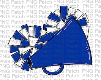 Royal and White Cheerleader Megaphone and Pom Poms, Football PNG Digital Design, Cheer Sublimation Designs Downloads Clipart Football