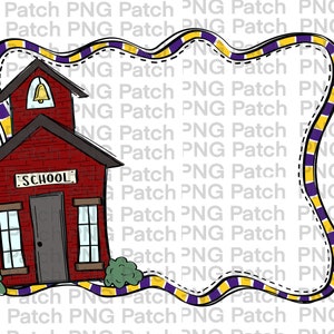 Puede incluir: Una escuela de ladrillo rojo con un campanario y la palabra "SCHOOL" en la parte delantera. La escuela está rodeada de un marco de rayas amarillas y moradas con un diseño ondulado.