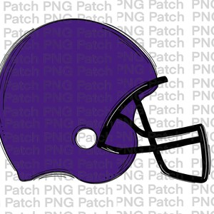 May include: A purple and black football helmet with a white background. The helmet is drawn in a cartoon style with a black outline.