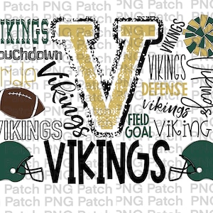 May include: A black and gold graphic with the word "Vikings" repeated multiple times. The graphic also includes a large gold "V", a football, a cheerleader's pom-pom, and two football helmets.