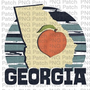 May include: A vintage-style illustration of the state of Georgia with a peach in the center. The peach is red and has a green leaf. The state outline is beige with a blue and white striped background. The word "GEORGIA" is written in black at the bottom of the image.