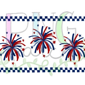 May include: A digital design featuring the word "PNG" with three red, white, and blue fireworks on a white background. The word "PNG" is surrounded by a checkered border.