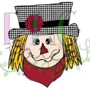 Può includere: Un viso di spaventapasseri di cartone animato con un cappello a quadri bianco e nero, un fiore rosso e una bandana rossa. Lo spaventapasseri ha i capelli gialli, gli occhi marroni e un sorriso cucito.