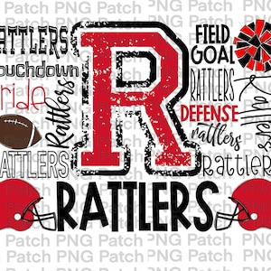 May include: A red and black graphic design with the letter "R" in the center. The graphic includes the words "Rattlers", "Touchdown", "Pride", "Field Goal", "Defense", and "Rattlers" repeated multiple times. The graphic also includes a football, a helmet, and a cheerleading pom-pom.