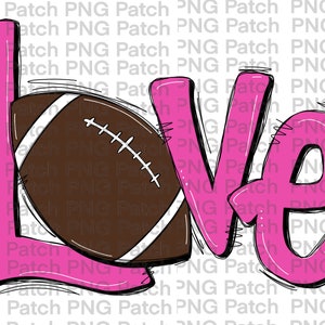 Op de afbeelding: Roze en witte "Love" met een bruine voetbal in het midden van de "L".