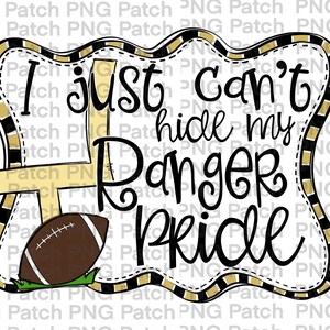 Könnte beinhalten: Schwarze und goldene Grafik mit einem Fußball und einem Torpfosten. Der Text lautet "Ich kann meinen Ranger-Stolz einfach nicht verbergen".