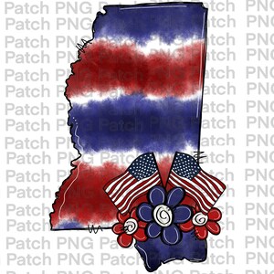 Pode incluir: Um design patriótico com o contorno do Mississippi, colorido com listras vermelhas, brancas e azuis. Duas bandeiras americanas e um arranjo floral com detalhes em vermelho, branco e azul estão na parte inferior. O design é em estilo aquarela.