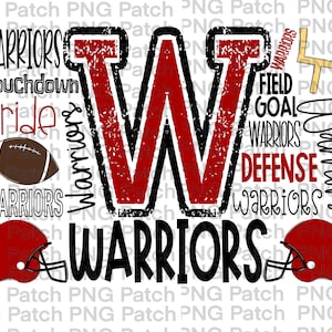 Typographie de football de guerriers, rouge noir, fichier PNG de mascotte, conception numérique d&#39;équipe, conceptions de sublimation de football, touché, défense