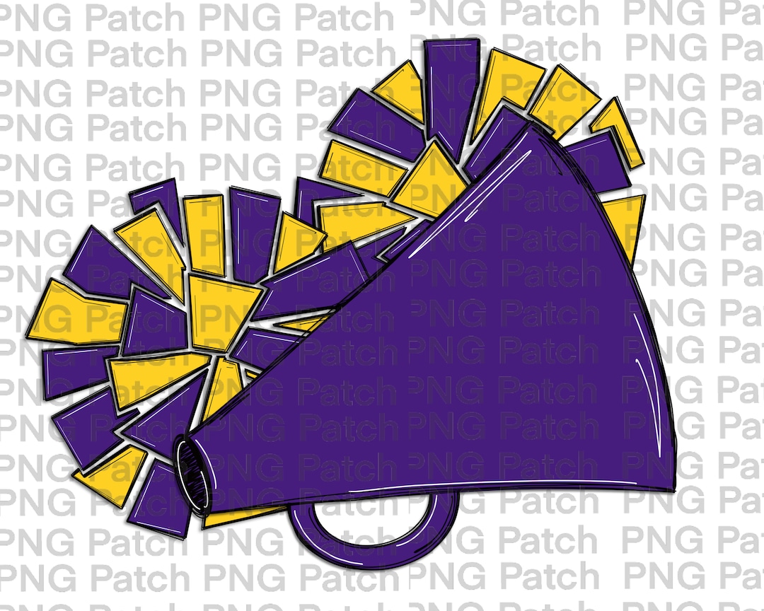Purple and Gold Cheerleader Megaphone and Pom Poms, Football PNG Digital Design, Cheer
