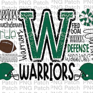 Op de afbeelding: Een groen en zwart grafisch ontwerp met de letter W in het midden. De letter W is omringd door de woorden "Warriors", "Touchdown", "Pride", "Field Goal", "Defense" en "Warriors". Er is een voetbal en twee voetbalhelmen op het ontwerp.
