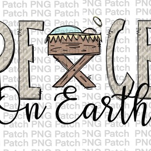 May include: A digital illustration of a manger with a baby inside. The manger is brown with a yellow star on top. The words "Peace on Earth" are written in black cursive script. The background is a light brown and white striped pattern.