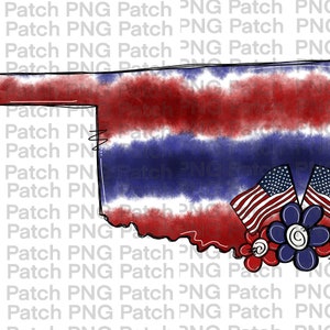 May include: A red, white, and blue tie-dye design of the state of Oklahoma with two American flags and blue flowers in the bottom right corner.