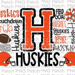 Huskies Football Typography, Orange Black, Mascot PNG File, Team Digital Design, Cheer, Football Sublimation Designs, Touchdown, Defense