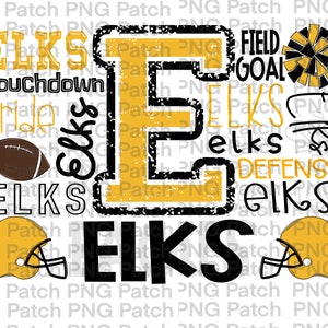 May include: A black and yellow graphic design with the letter E in the center. The letter E is surrounded by the words "Elks", "Touchdown", "Pride", "Field Goal", "Defense", and "Elks". There are two football helmets on either side of the letter E.