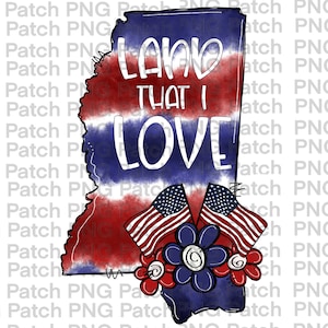 Pode incluir: Uma ilustração em aquarela do estado do Mississippi com um design de bandeira americana vermelha, branca e azul. O texto "Land That I Love" está escrito em branco na imagem.