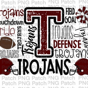 May include: A digital graphic with a football theme. The word "Trojans" is repeated in various fonts and sizes, along with football-related terms like "Touchdown," "Field Goal," and "Defense." Maroon and white are the primary colors, with a football and helmets.