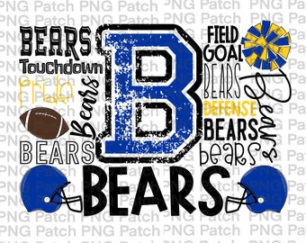 Bears Football and Cheer Typography | Blue and Yellow Gold | Mascot PNG File | Team Digital Design | Sublimation Designs | Printable
