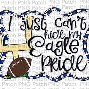 Op de afbeelding: Een blauw en wit gestreept frame met een voetbal- en doelpaalafbeelding. De tekst in het frame luidt "Ik kan mijn adelaars trots gewoon niet verbergen".