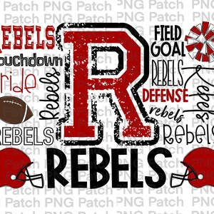 May include: A red and black graphic with the letter "R" in the center. The letter is surrounded by the words "Rebels", "Touchdown", "Pride", "Field Goal", "Defense", and "rebels". There are two football helmets and a football in the graphic.