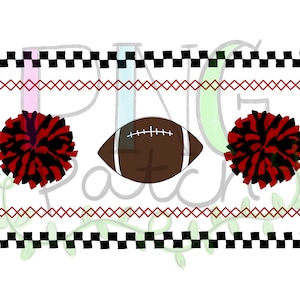 May include: A black and red football with white laces, surrounded by two black and red pom-poms. The background is a black and white checkered pattern with a red and white criss-cross pattern.