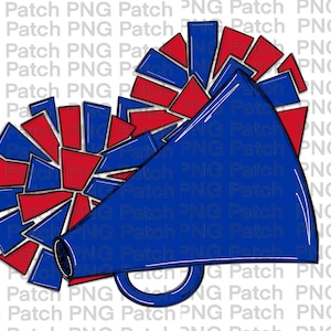 May include: A blue megaphone with a red and blue pom-pom cheerleading accessory. The megaphone is angled to the right and the pom-pom is to the left.