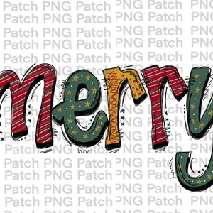 Puede incluir: Una ilustración dibujada a mano de la palabra "feliz" en un estilo festivo. Las letras están decoradas con rayas rojas y blancas, estrellas verdes y doradas y patrones en zigzag amarillos.