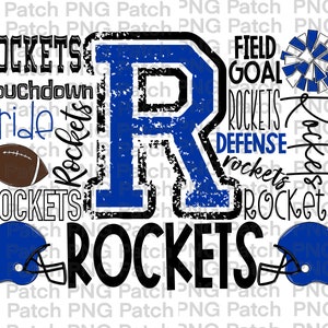 May include: A blue and black graphic design with the letter "R" in a large font, surrounded by the words "ROCKETS", "Touchdown", "Pride", "Field Goal", "Defense", and "rockets". There is a football, a helmet, and a cheerleading pom-pom in the design.