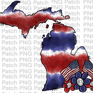Pode incluir: Uma ilustração em aquarela do estado de Michigan em vermelho, branco e azul, que se assemelha à bandeira americana. O estado é cercado por três flores vermelhas, brancas e azuis e duas bandeiras americanas.