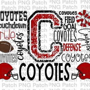 Könnte beinhalten: Ein rotes und schwarzes Grafikdesign mit dem Wort "Coyotes", das mehrmals wiederholt wird. Das Design enthält auch einen großen roten Buchstaben "C" mit einer abgenutzten Textur, einen Fußball und zwei rote Helme mit schwarzen Gesichtsmasken.