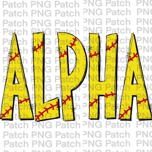 Peut inclure: Le mot "ALPHA" en grandes lettres jaunes, conçu pour ressembler à une balle de baseball. Chaque lettre a des coutures rouges et des contours noirs, avec une texture de type baseball. Le fond est un motif répétitif de "PNG Patch".