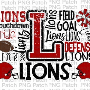 May include: Red and black graphic design with the word "Lions" repeated multiple times. The design also includes a football, a cheerleader pom-pom, and a football helmet. The words "Touchdown", "Pride", "Field Goal", and "Defense" are also included in the design.