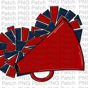 May include: A red and blue cheerleader megaphone with a red pom-pom. The megaphone has a white outline and a black handle.