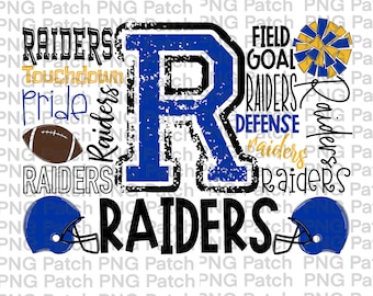 May include: A blue and yellow graphic design featuring the letter "R" in the centre. The letter is surrounded by the words "RAIDERS", "Touchdown", "Pride", "Field Goal", "Defence", and "Raiders".
