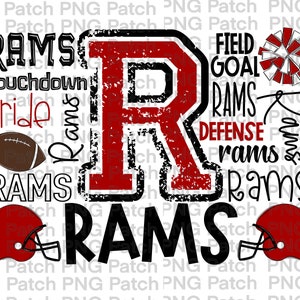 May include: A red and black graphic design with the letter "R" in a large font. The letter is surrounded by the word "Rams" in various sizes and styles. Other text includes "Touchdown", "Pride", "Field Goal", "Defense", and "Rams".