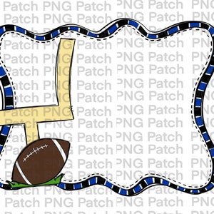 Peut inclure: Une illustration numérique d'un ballon de football et d'un poteau de but dans un cadre ondulé bleu et noir. Le ballon de football est brun avec des lacets blancs et repose sur de l'herbe verte.