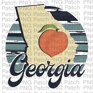 May include: A vintage-style illustration of the state of Georgia with a peach in the centre. The peach is red and has a green stem and leaf. The state outline is beige with a distressed texture. The background is a blue and white striped circle with the word "Georgia" in a black script font.
