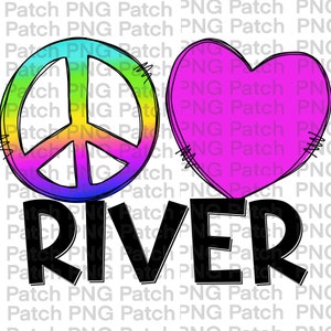 May include: A peace sign with a rainbow gradient, a pink heart, and the word "RIVER" in black. The peace sign and heart have a hand-drawn, stitched look.