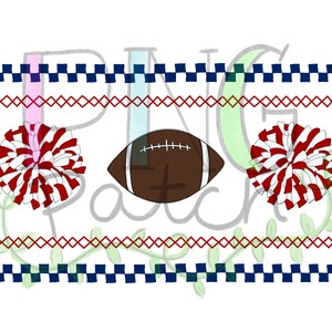 May include: Red and white cheerleading pom poms on either side of a brown football with white laces. The background is a blue and white checkered pattern with a red and white stitched pattern.