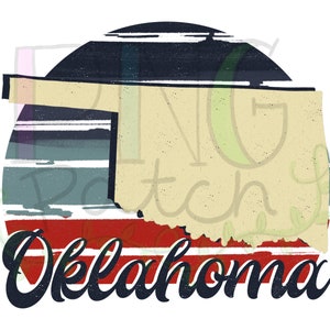 May include: A vintage-style illustration of the state of Oklahoma with a red, white and blue striped background. The word "Oklahoma" is written in a stylised font below the state outline.