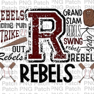 Può includere: Una lettera R color granata con una texture usurata, circondata dalle parole "Rebels", "home run", "strike", "out", "grand slam", "swing" e "rebels". Due mazze da baseball incrociate con una palla da baseball si trovano su entrambi i lati della lettera R.