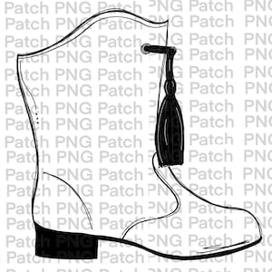 May include: A black and white line drawing of a marching band boot with a tassel. The boot has a pointed toe and a thick sole.