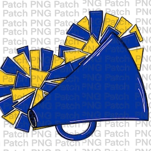 Könnte beinhalten: Ein blauer Megaphon mit gelben und blauen Pompons. Das Megaphon hat einen schwarzen Umriss und einen Griff. Die Pompons bestehen aus gelben und blauen Rechtecken. Dieses Bild ist eine grafische Darstellung eines Cheerleader-Megaphons und Pompons.