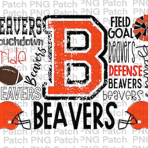 Puede incluir: Un diseño gráfico con una gran letra "B" naranja y negra con la palabra "BEAVERS" en texto negro. El diseño también incluye las palabras "Touchdown", "Pride", "Field Goal", "Defense" y "beavers" en varios tamaños y estilos. Hay un balón de fútbol y un casco de fútbol en el diseño.