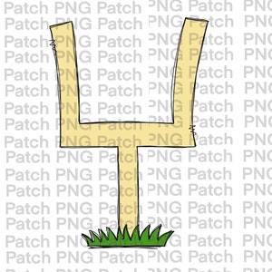 May include: A yellow cartoon football goal post with a green grass base.